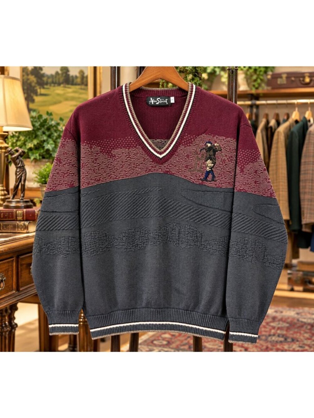 Vtg 90s Alan Stuart AOP Red Green Sweater Golfer Embroidered L Grandpa Retro